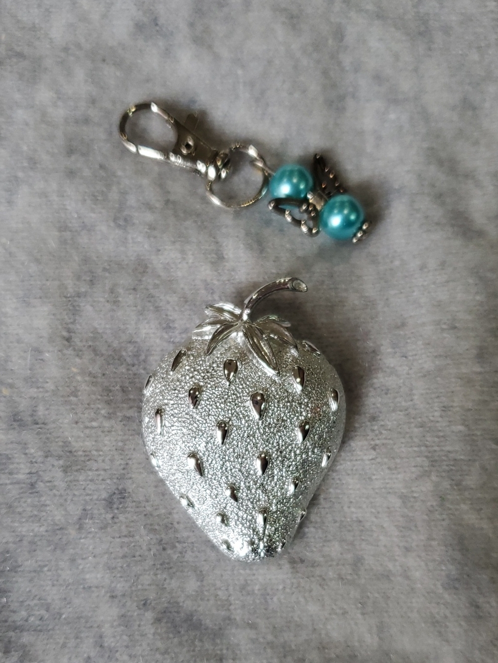 Sarah Coventry Silver Strawberry Brooch with Teal Charm